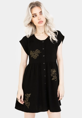 Foliate Linen-Blend Embroidered Button Up Mini Dress - Black Dresses Womens - women's dresses clearance