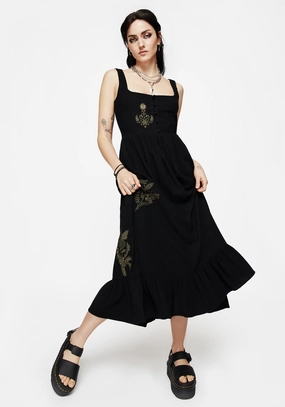 Foliate Linen-Blend Embroidered Sleeveless Midi Dress - Black Dresses Womens - women's dresses clearance