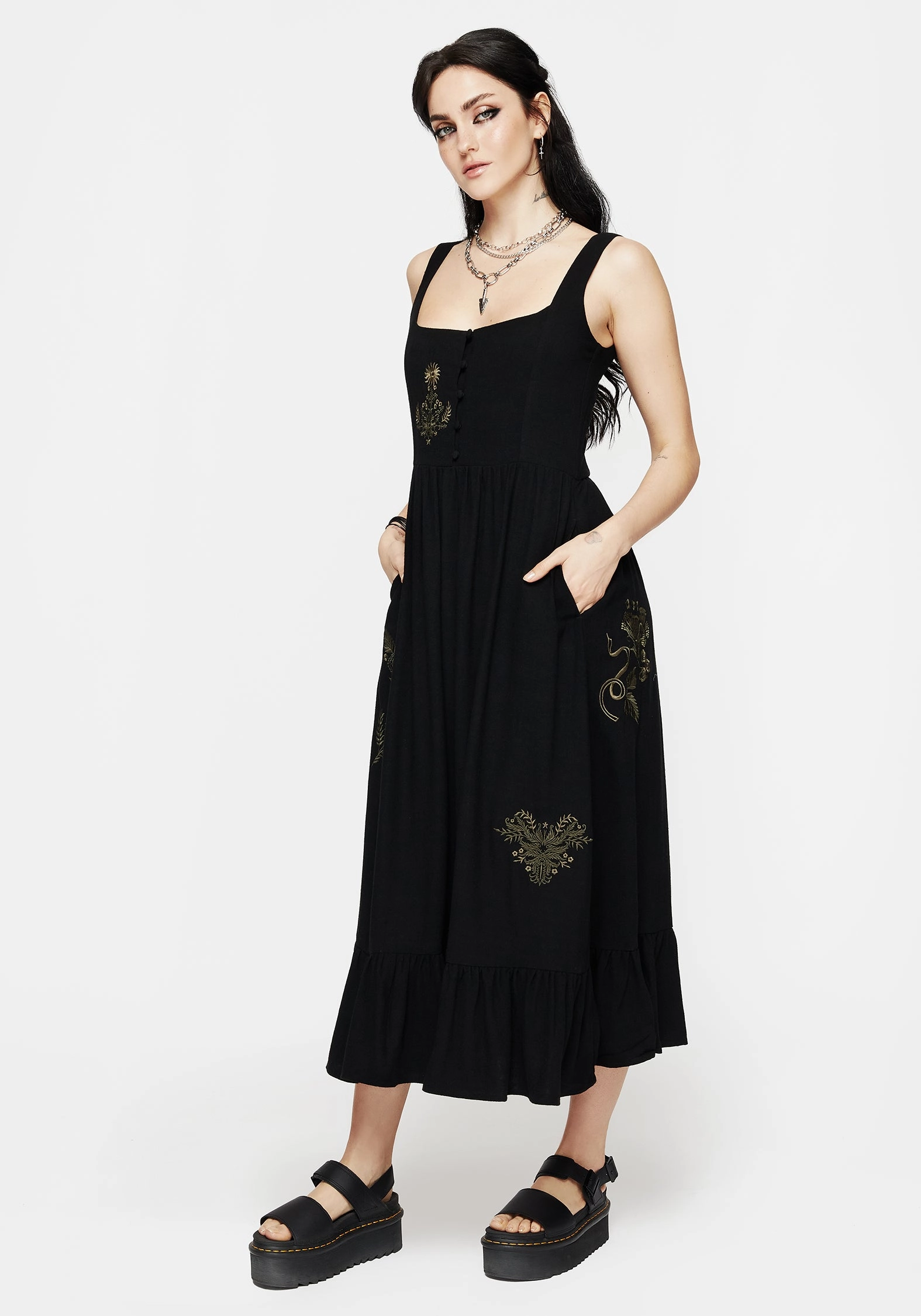 Foliate Linen-Blend Embroidered Sleeveless Midi Dress - Black