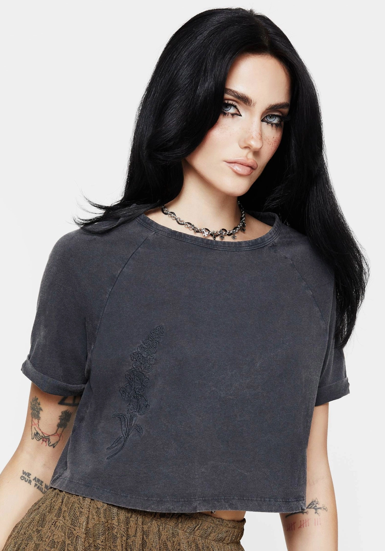 Foxglove Cotton Embroidered Boxy Crop Tee Tops Womens - women's blouses clearance