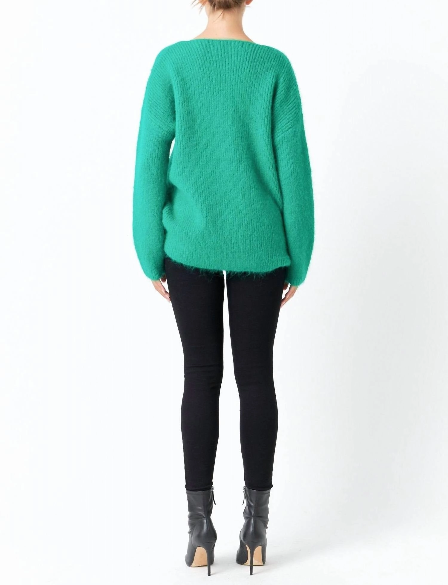 Furry V Neck Sweater In Green