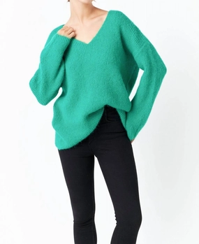 Furry V Neck Sweater In Green turtleneck sweaters sale