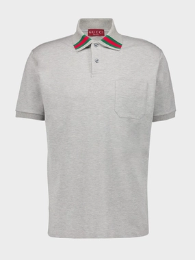 Grey Cotton Polo Shirt with Web Tops Mens - men's t-shirts outlet