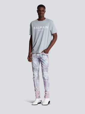 Grey Printed Balmain Paris T-Shirt Tops Mens - flannel shirts