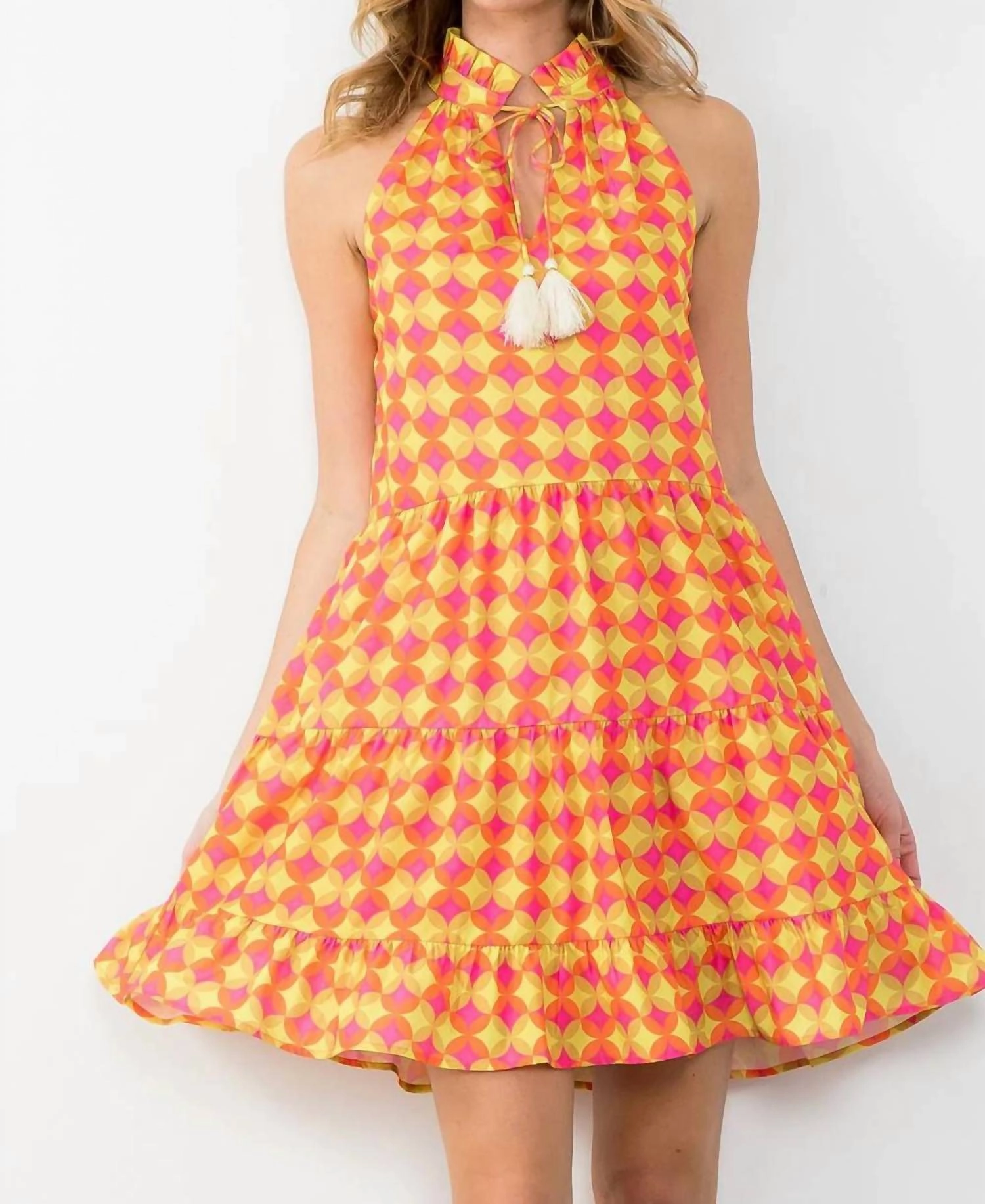 Halter Midi Dress In Yellow Mixed