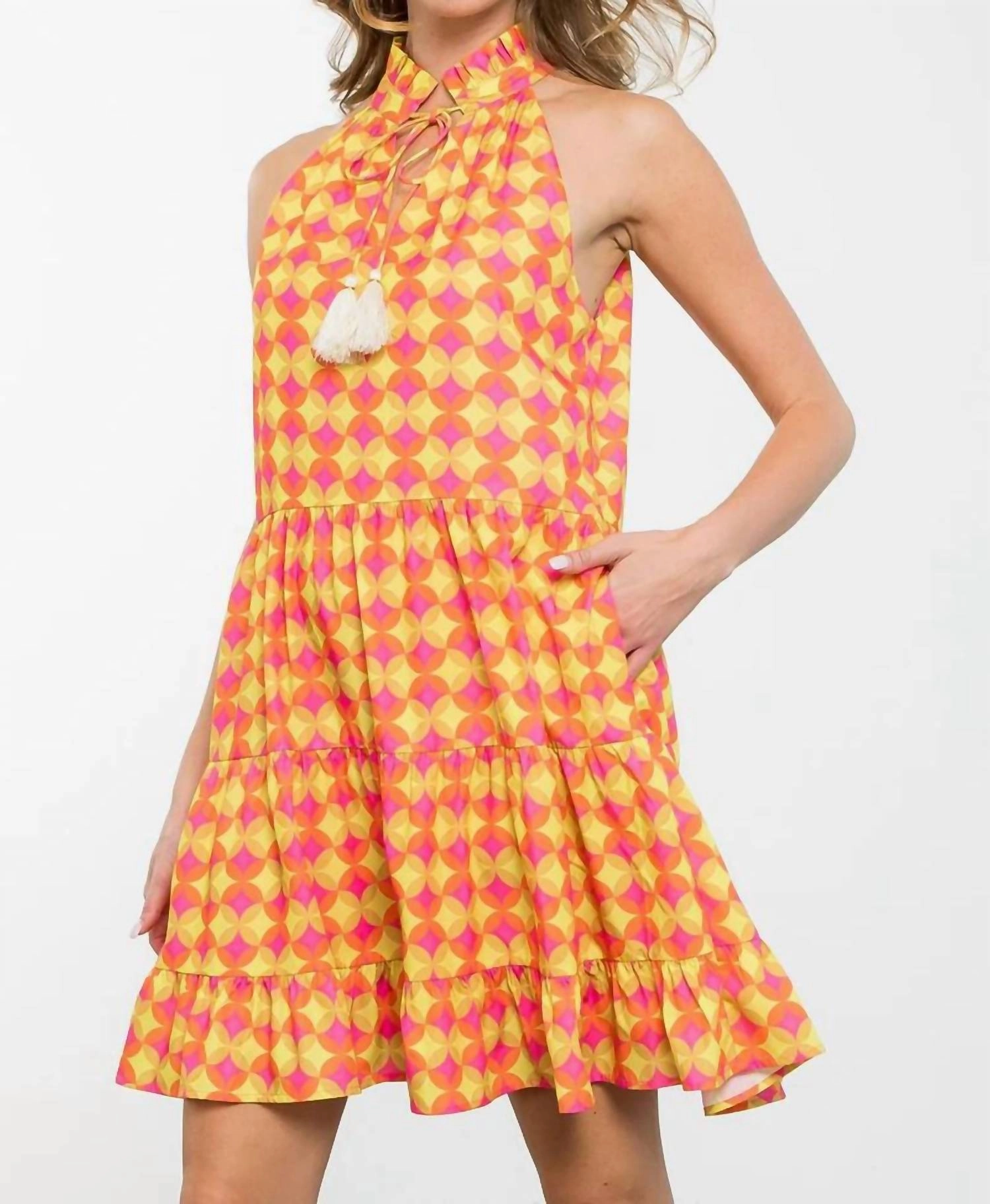 Halter Midi Dress In Yellow Mixed