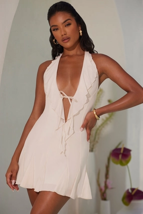 Halter Neck Ruffle A-Line Mini Dress in Ivory Dresses outlet online