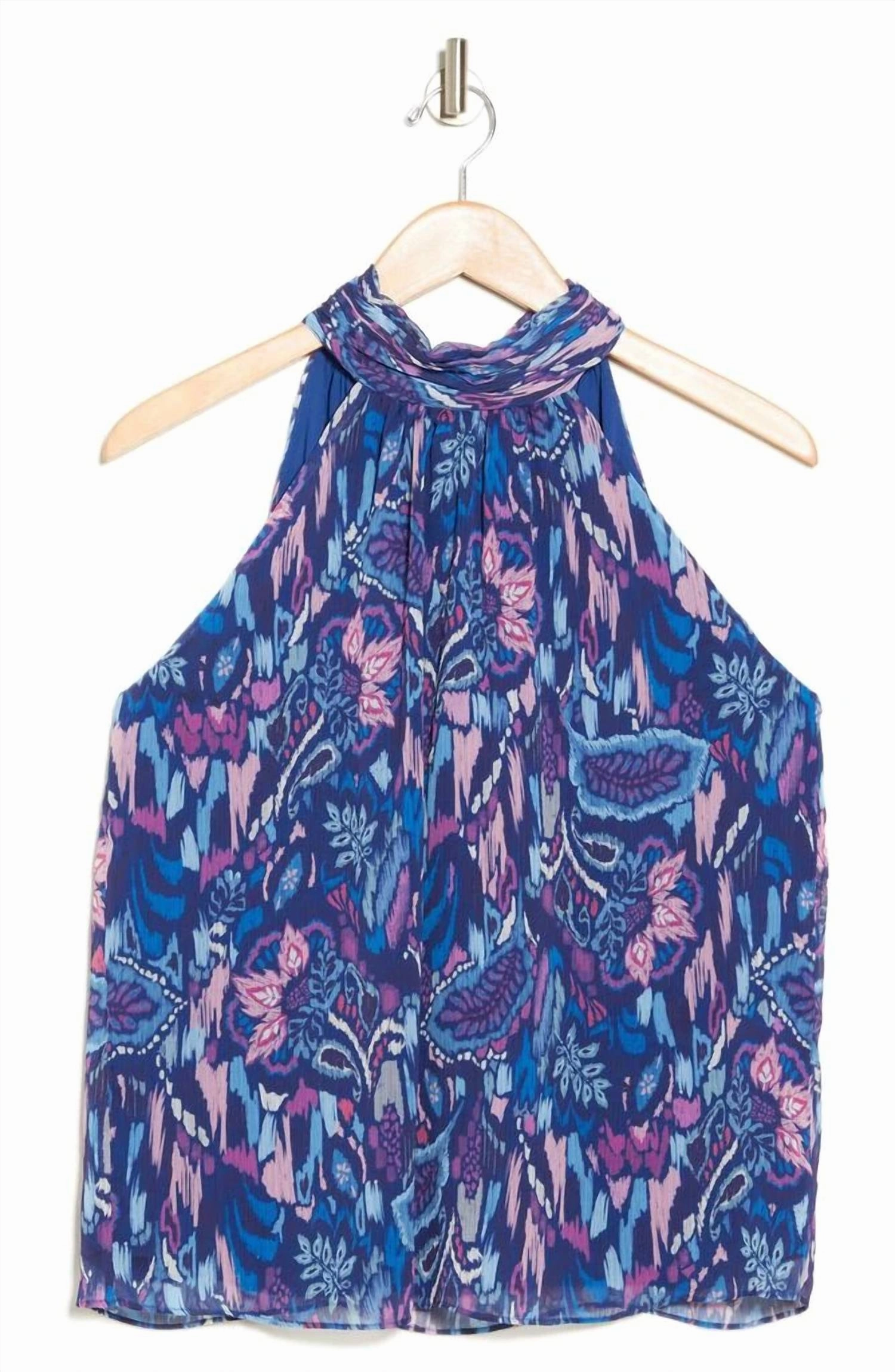 Halter Neck Tank Blouse In Spring Navy Ikat Flower Print