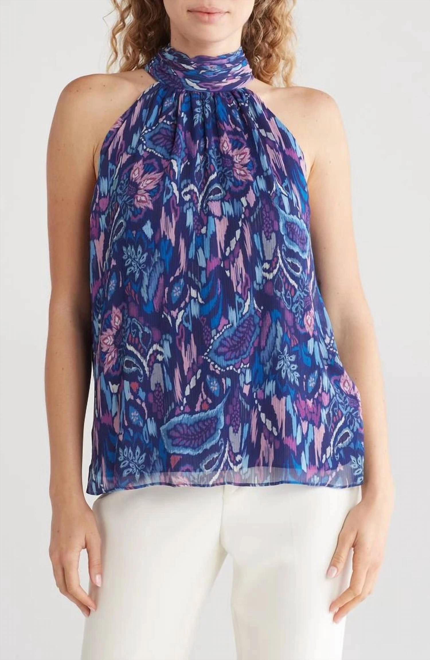 Halter Neck Tank Blouse In Spring Navy Ikat Flower Print