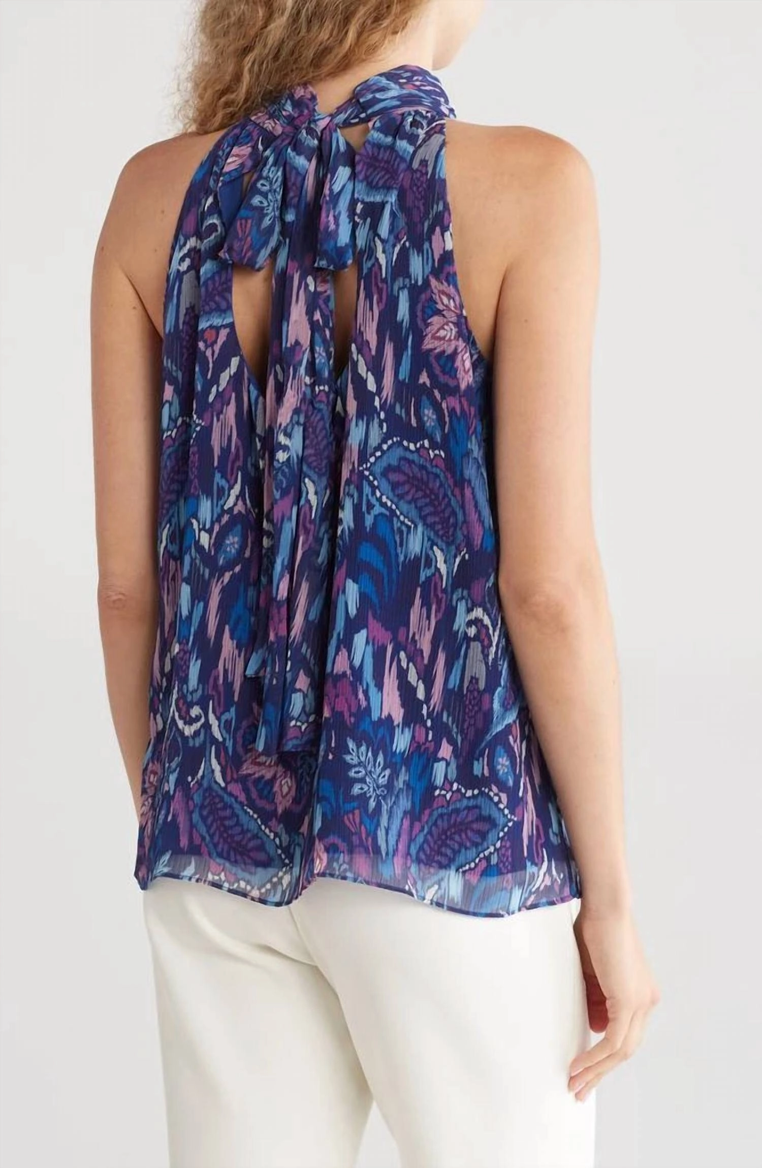 Halter Neck Tank Blouse In Spring Navy Ikat Flower Print