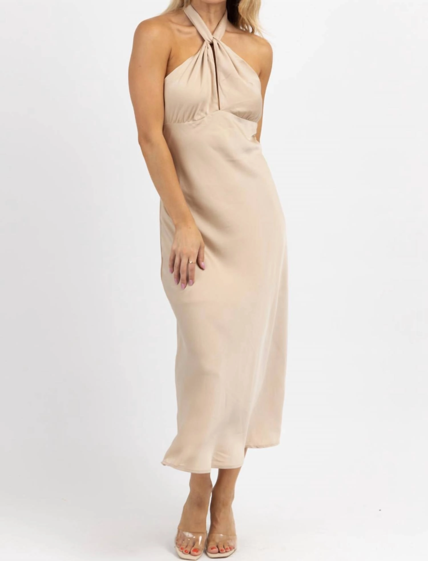 Halter Tie Satin Midi Dress In Champagne