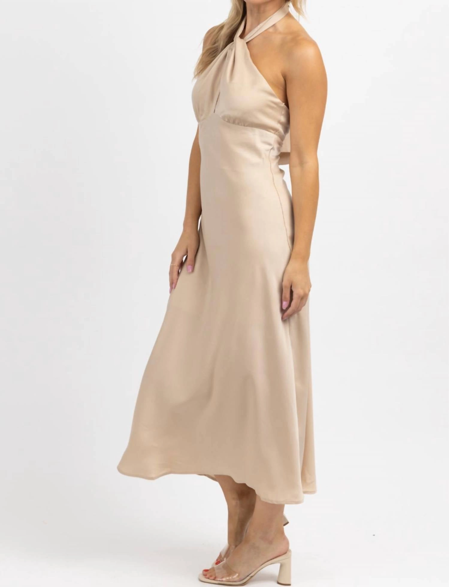 Halter Tie Satin Midi Dress In Champagne