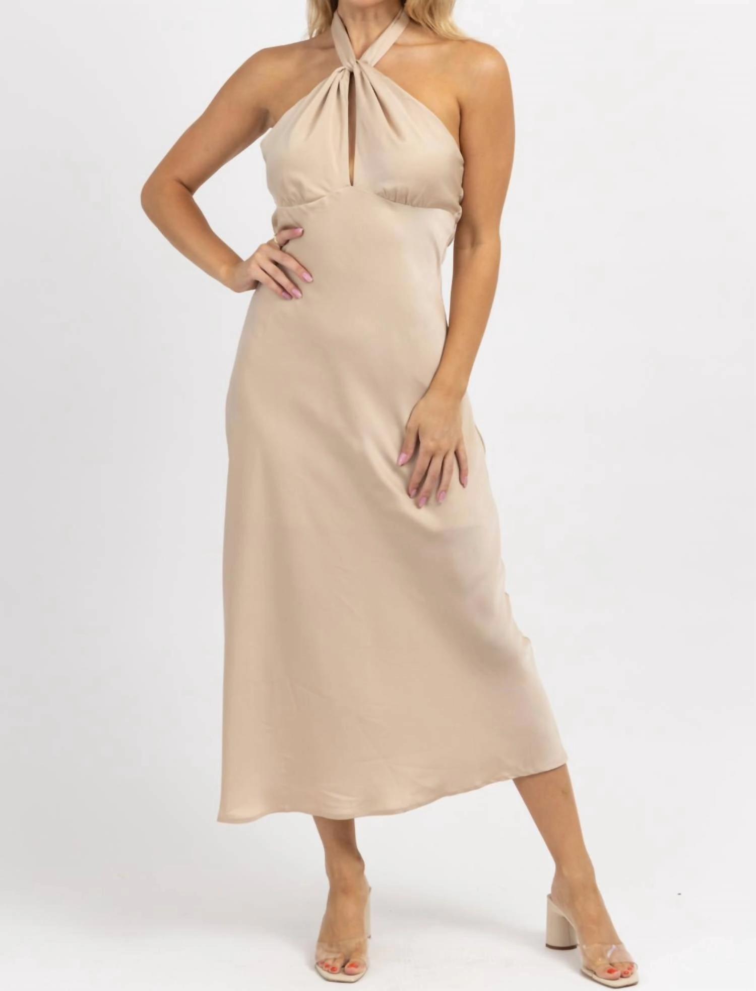 Halter Tie Satin Midi Dress In Champagne