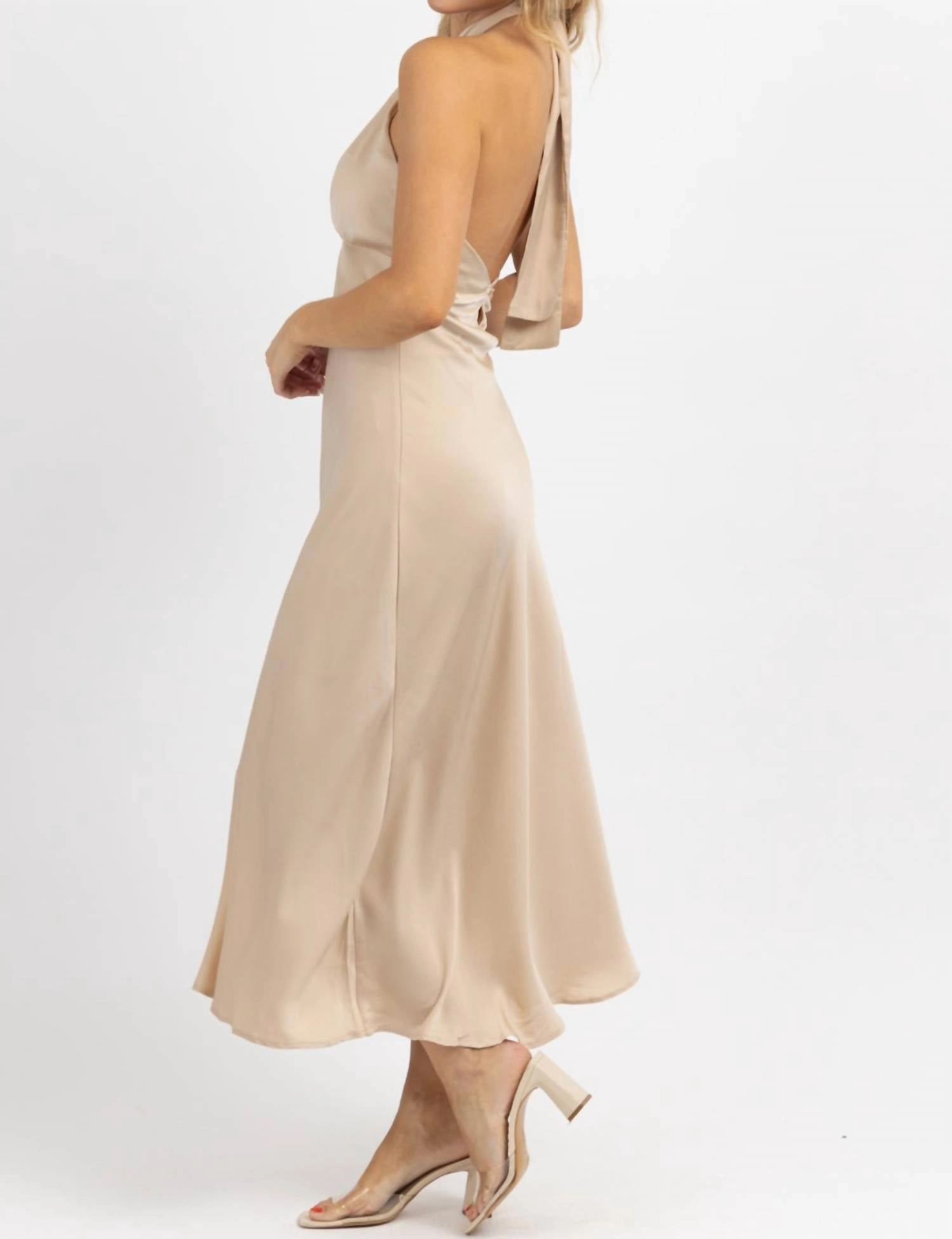 Halter Tie Satin Midi Dress In Champagne