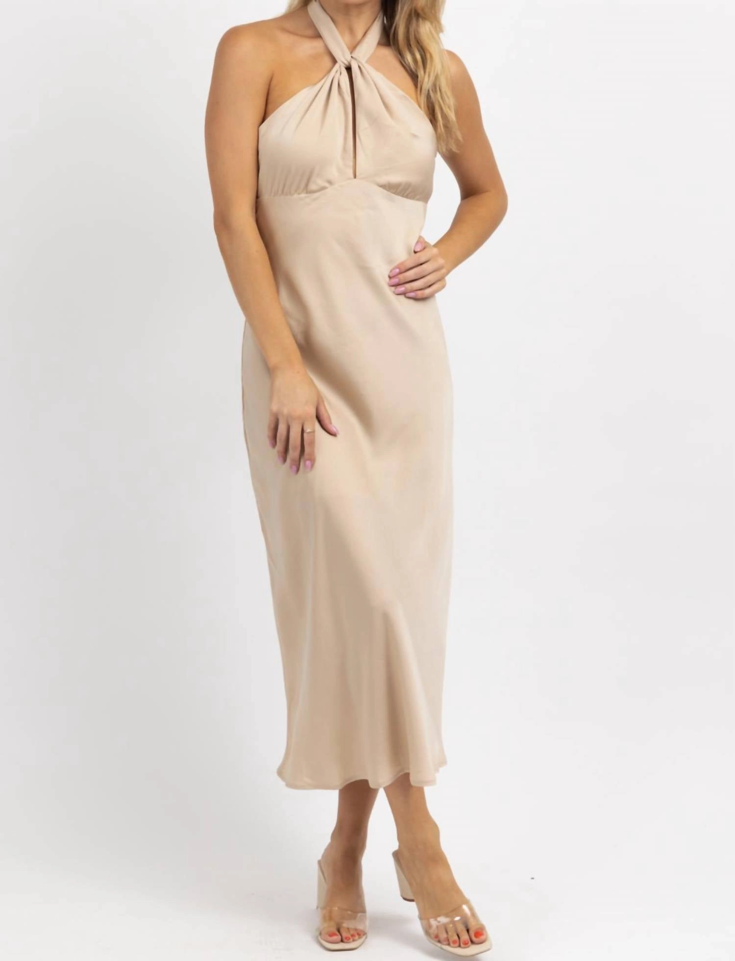Halter Tie Satin Midi Dress In Champagne