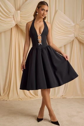 Halterneck Bow-Detail Midi Dress in Black Dresses - cocktail dresses sale