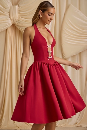 Halterneck Bow-Detail Midi Dress in True Red shop for Dresses online