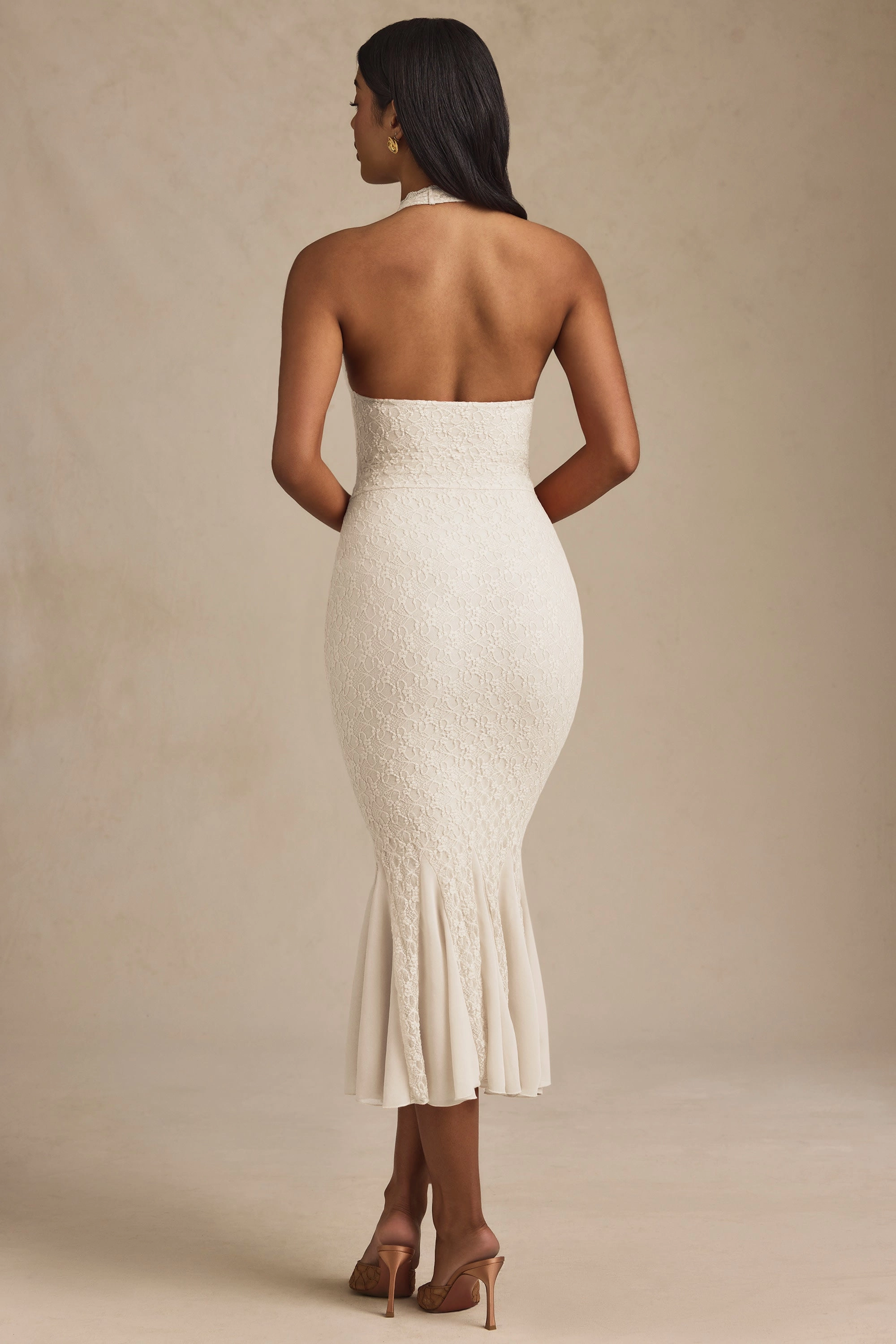 Halterneck Corset Lace Midaxi Dress in Ivory