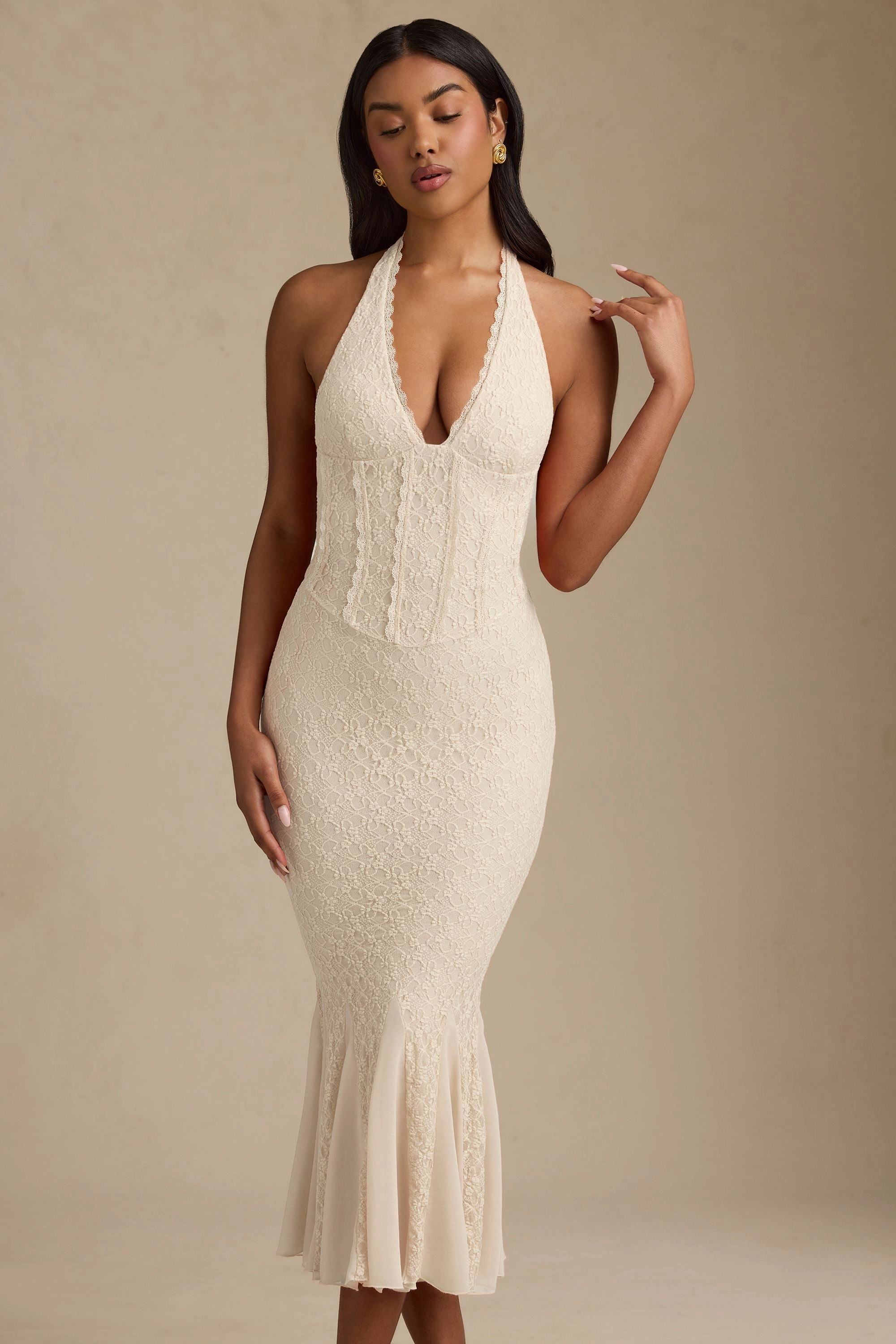 Halterneck Corset Lace Midaxi Dress in Ivory Dresses - cocktail dresses sale