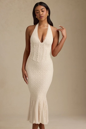 Halterneck Corset Lace Midaxi Dress in Ivory Dresses - party dresses cheap