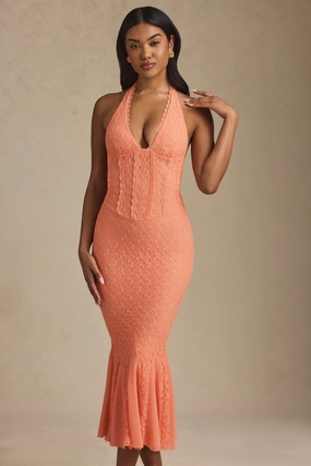 Halterneck Corset Lace Midaxi Dress in Peach Dresses - cocktail dresses sale
