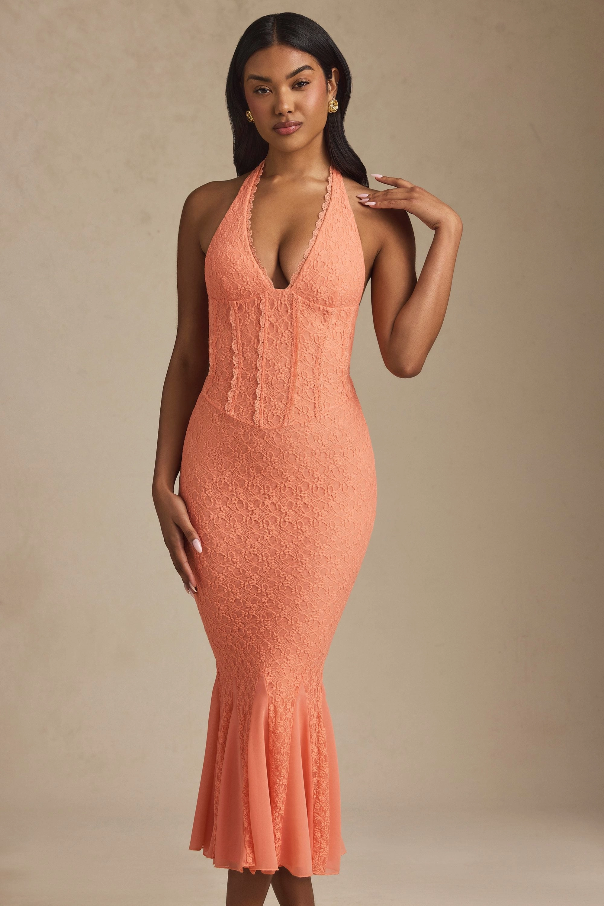 Halterneck Corset Lace Midaxi Dress in Peach Dresses - party dresses cheap