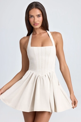 Halterneck Corset Micro Mini Dress in Ecru Dresses - cocktail dresses sale