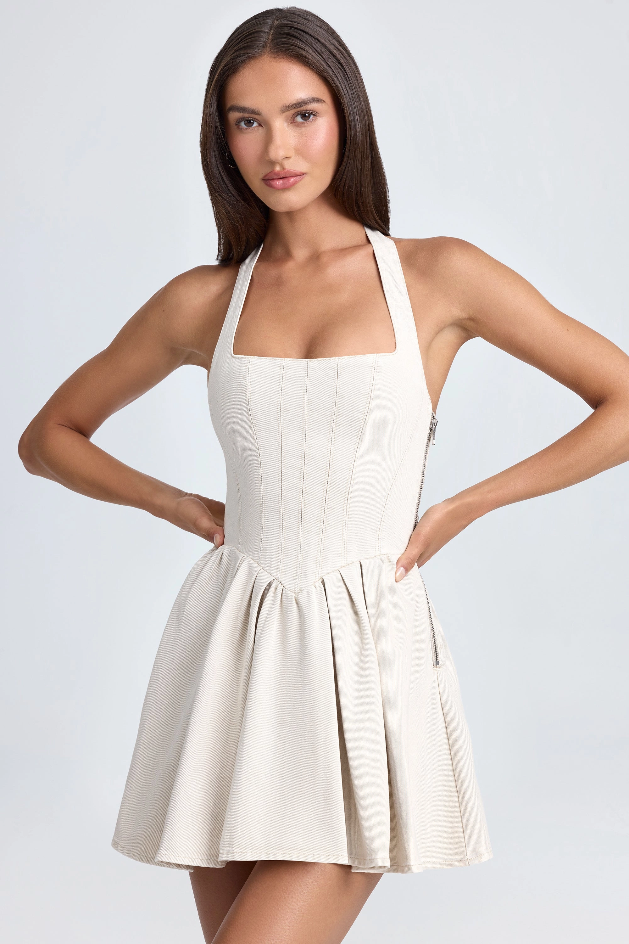 Halterneck Corset Micro Mini Dress in Ecru