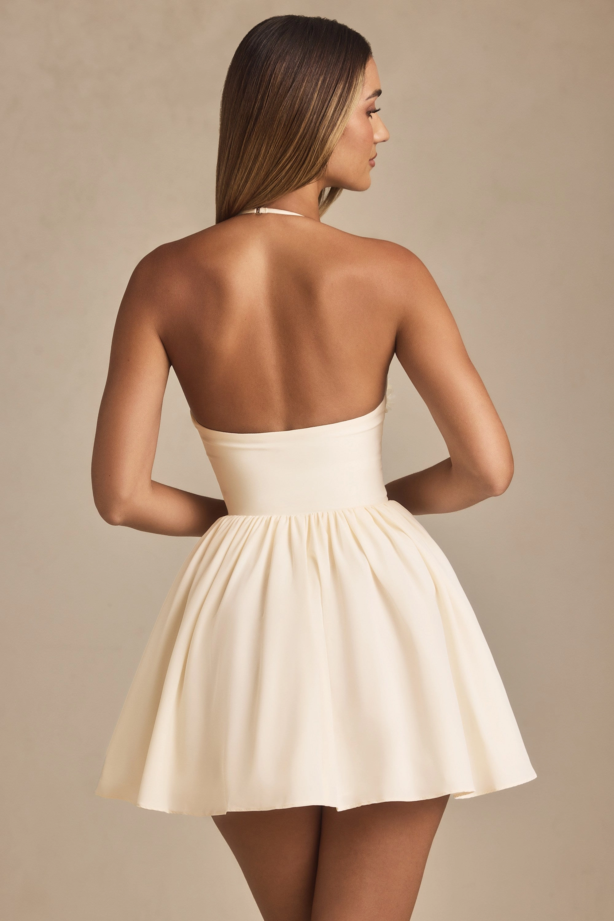 Halterneck Floral-Appliqu Corset Mini Dress in Ivory