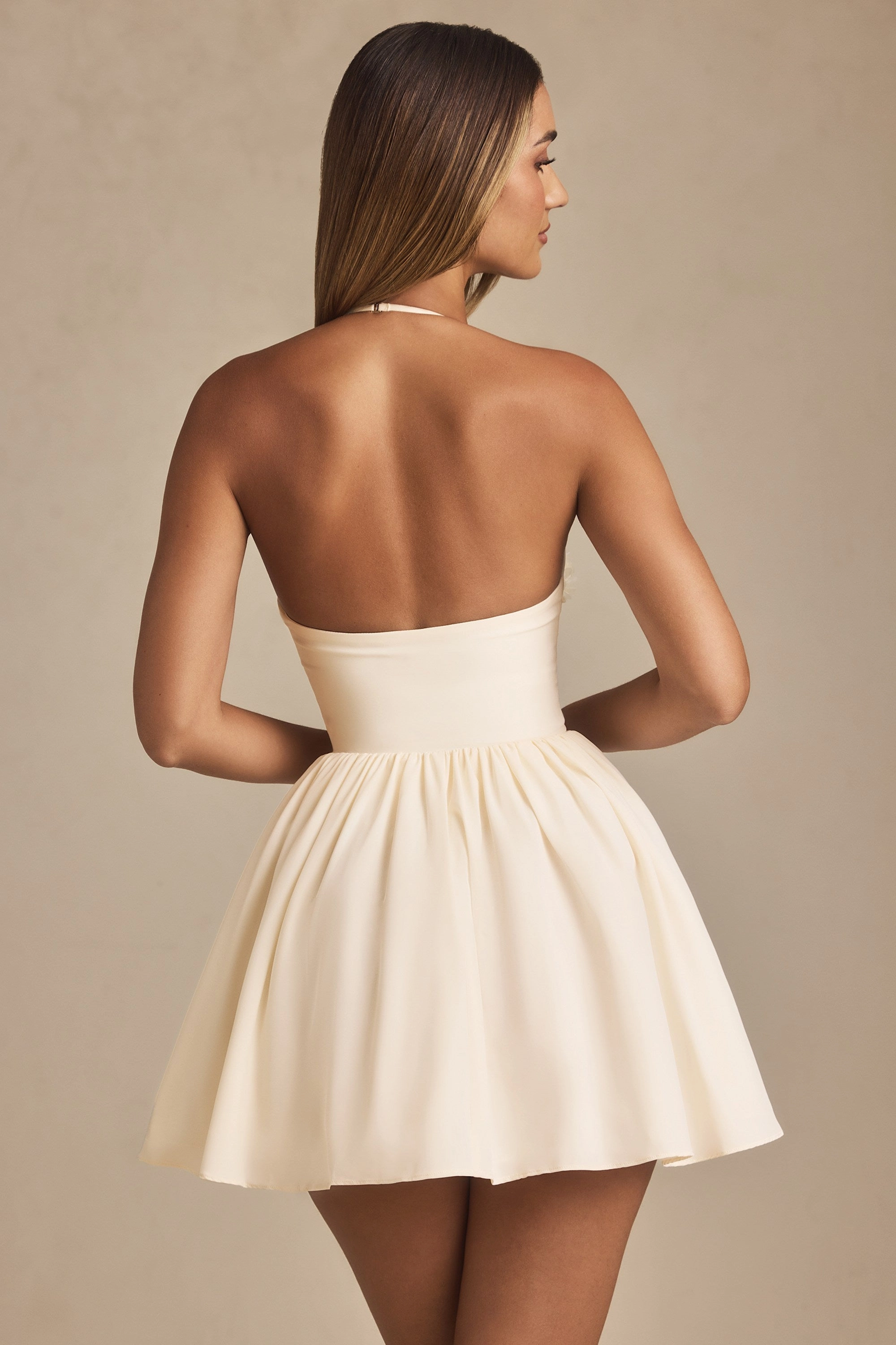 Halterneck Floral-Appliqu Corset Mini Dress in Ivory