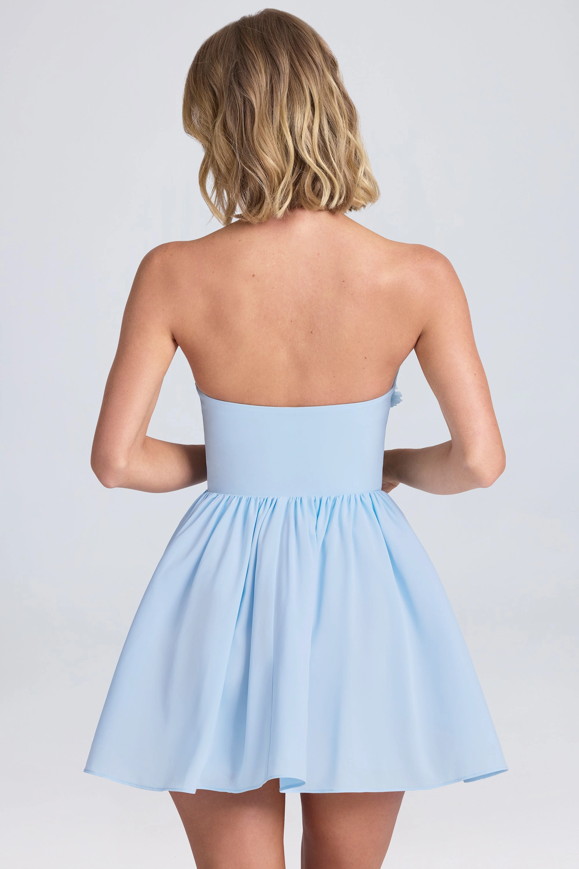 Halterneck Floral-Appliqu Corset Mini Dress in Powder Blue