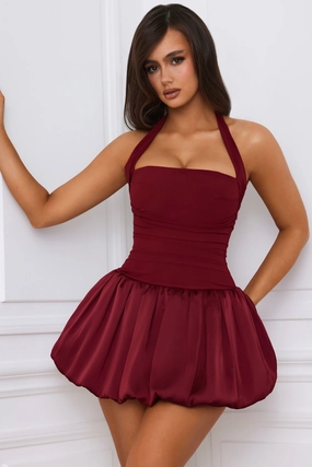 Halterneck Lace-Up Bubble Hem Corset Micro Mini Dress in Berry Red shop for Dresses online