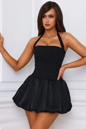 Halterneck Lace-Up Bubble Hem Corset Micro Mini Dress in Black Dresses - cocktail dresses sale