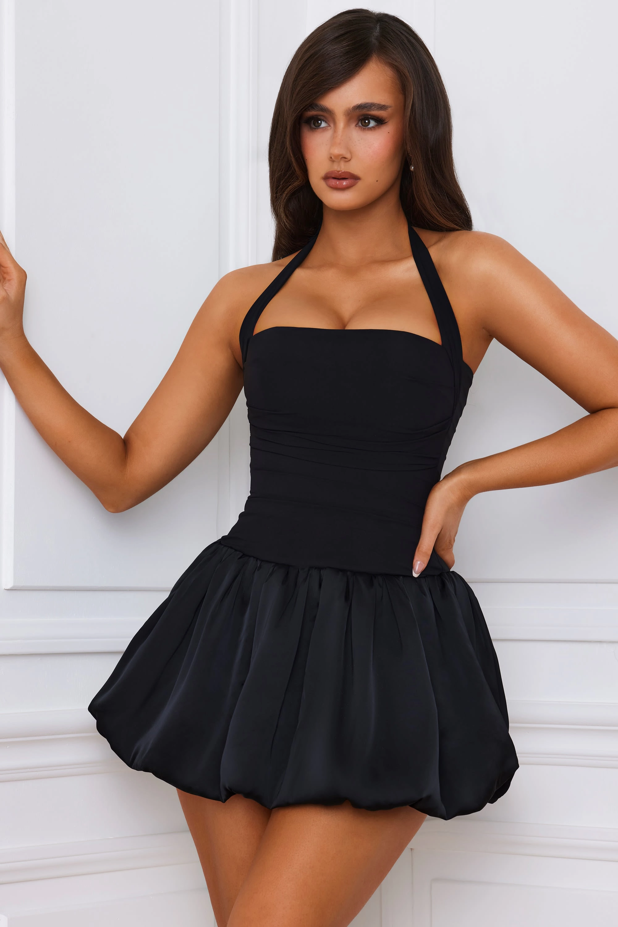 Halterneck Lace-Up Bubble Hem Corset Micro Mini Dress in Black Dresses - cocktail dresses sale
