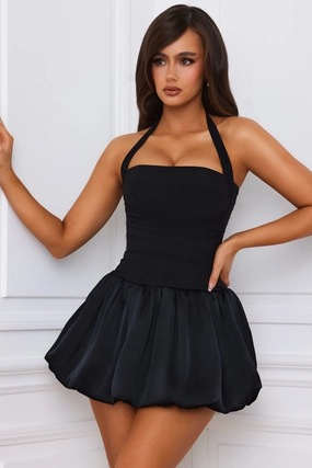 Halterneck Lace-Up Bubble Hem Corset Micro Mini Dress in Black Dresses - party dresses cheap