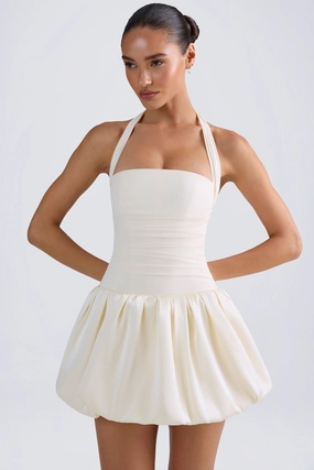 Halterneck Lace-Up Bubble Hem Corset Micro Mini Dress in Ivory Dresses - cocktail dresses sale