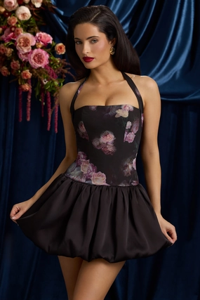 Halterneck Lace-Up Bubble Hem Mini Dress in Black Floral Print Dresses - cocktail dresses sale