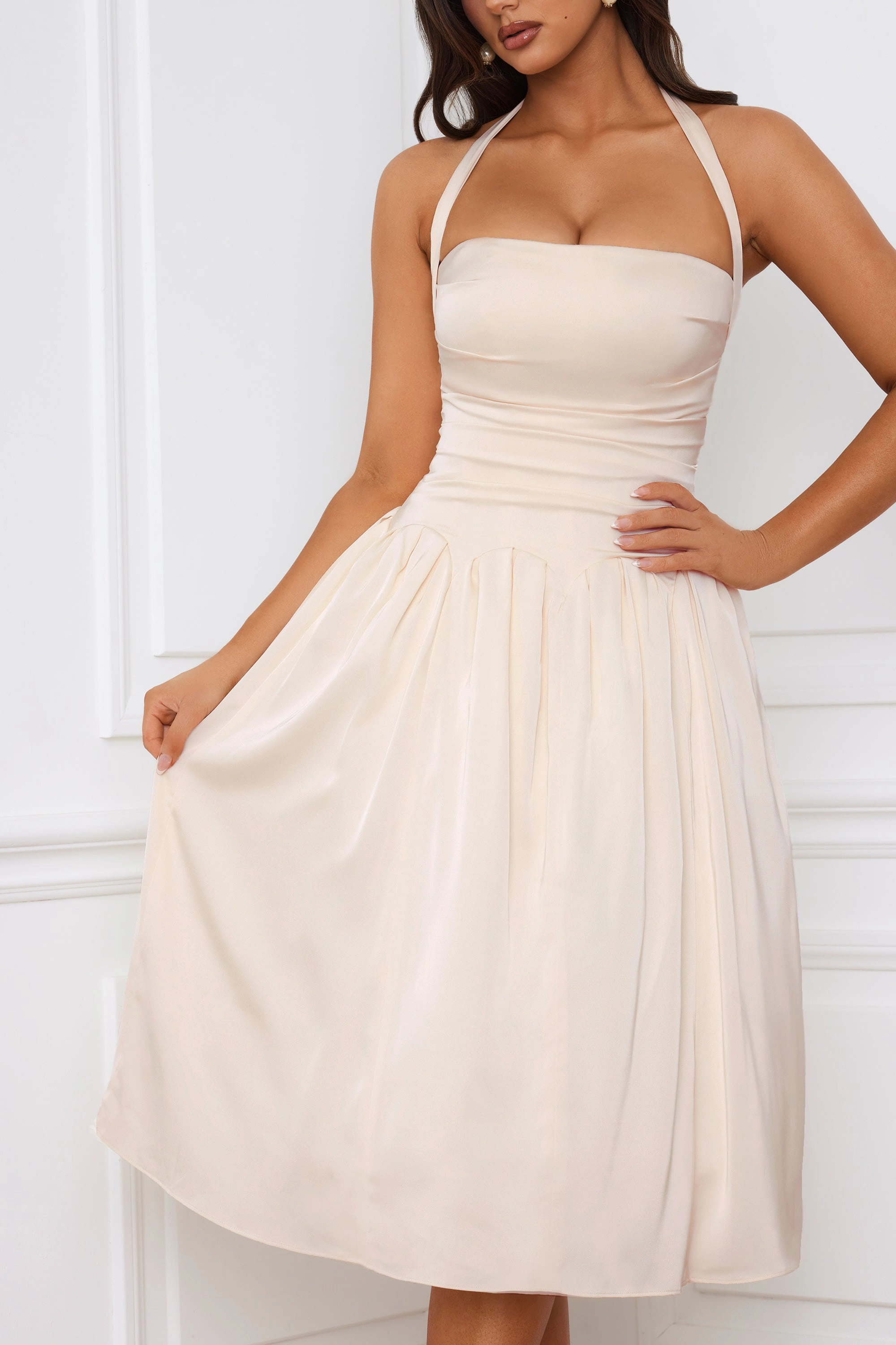 Halterneck Lace-Up Ruched Corset Midi Dress in Ivory