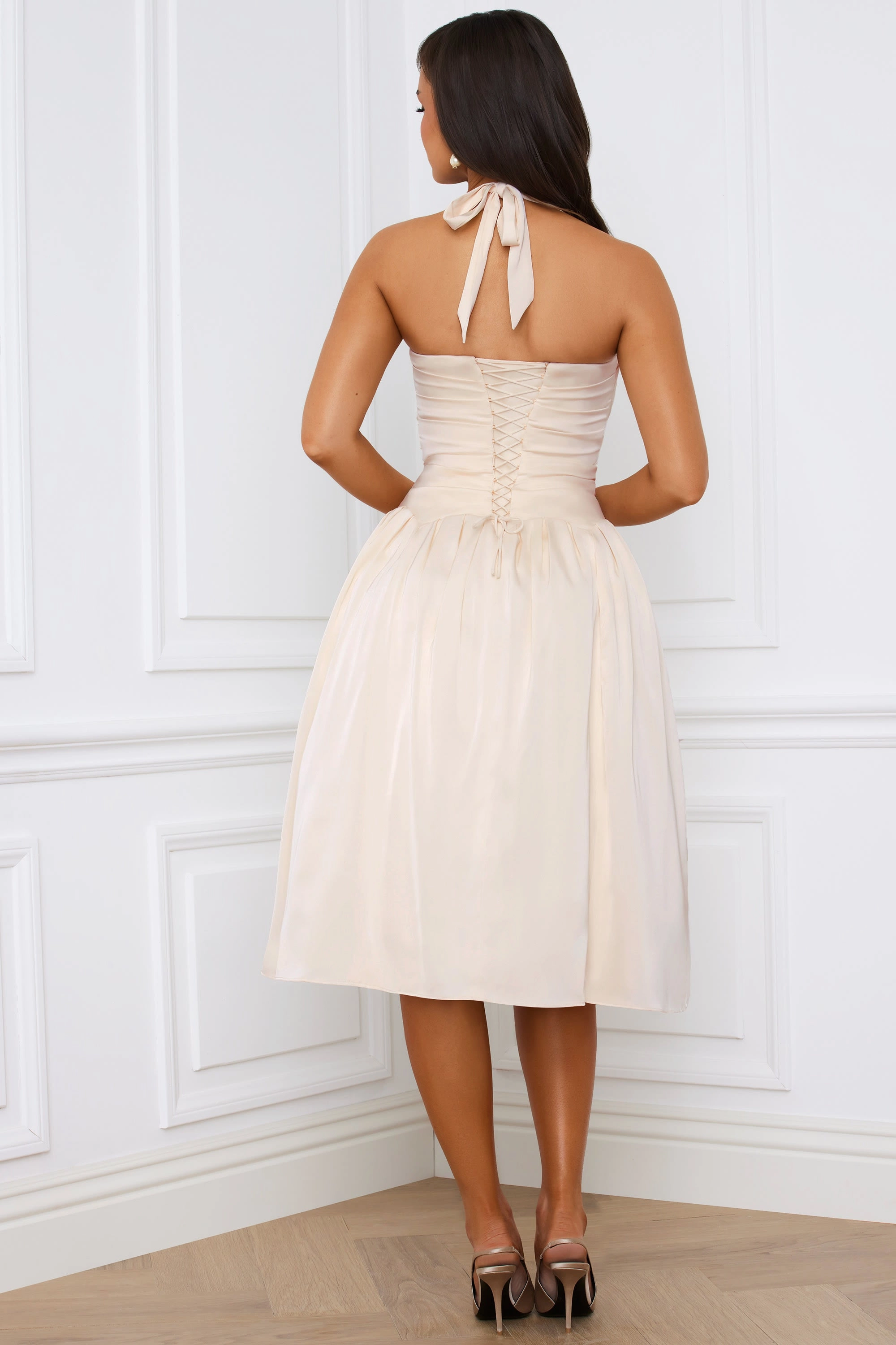 Halterneck Lace-Up Ruched Corset Midi Dress in Ivory