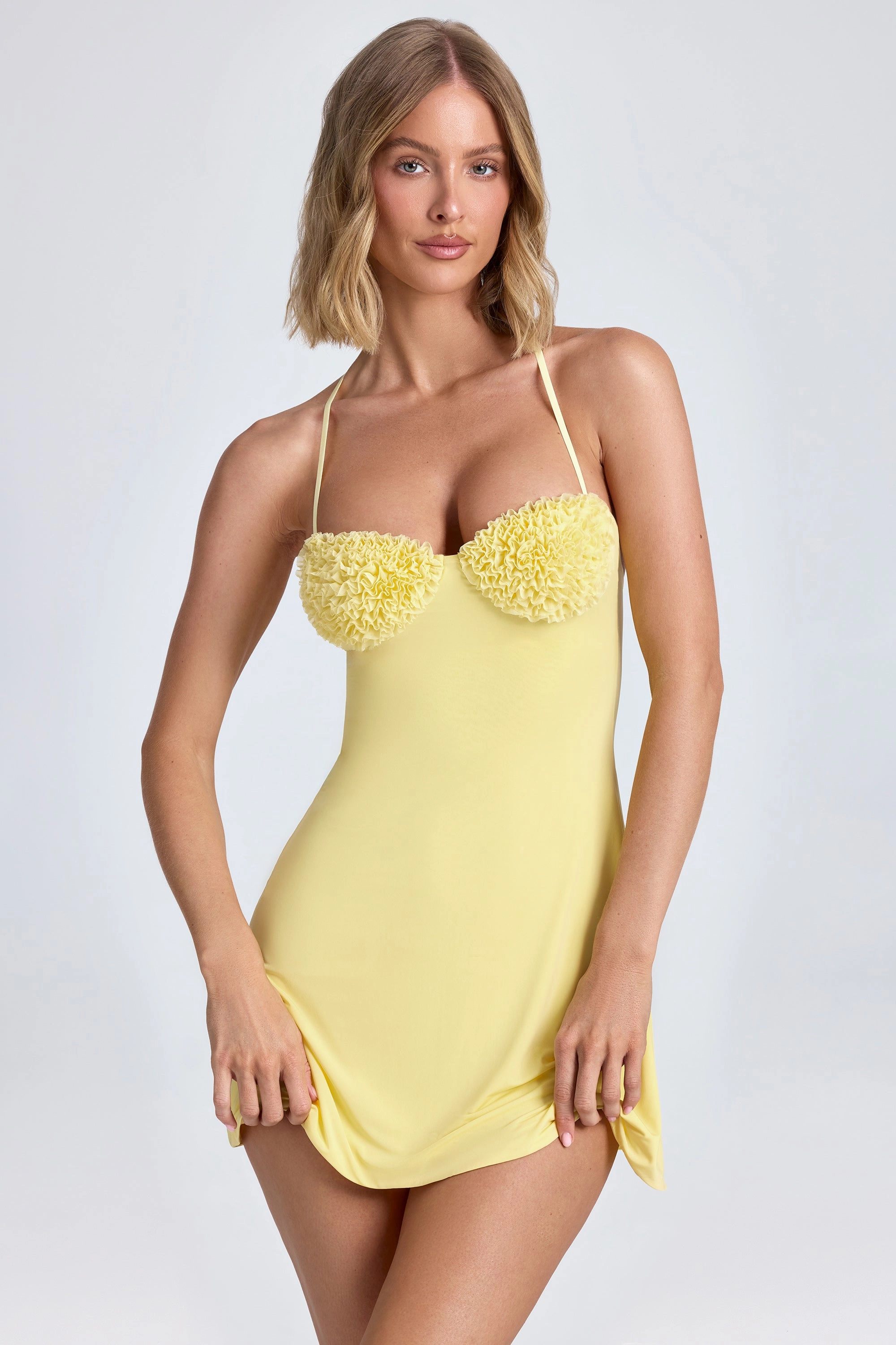 Halterneck Ruffle-Appliqu A-Line Mini Dress in Lemon Sherbet