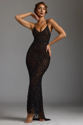 Hand Embellished Sheer Evening Gown in Black Dresses - maxi dresses best price