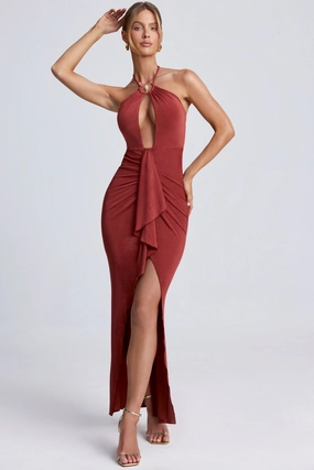 Hardware Detail Cut-Out Halterneck Maxi Dress in Auburn Brown Dresses - cocktail dresses sale
