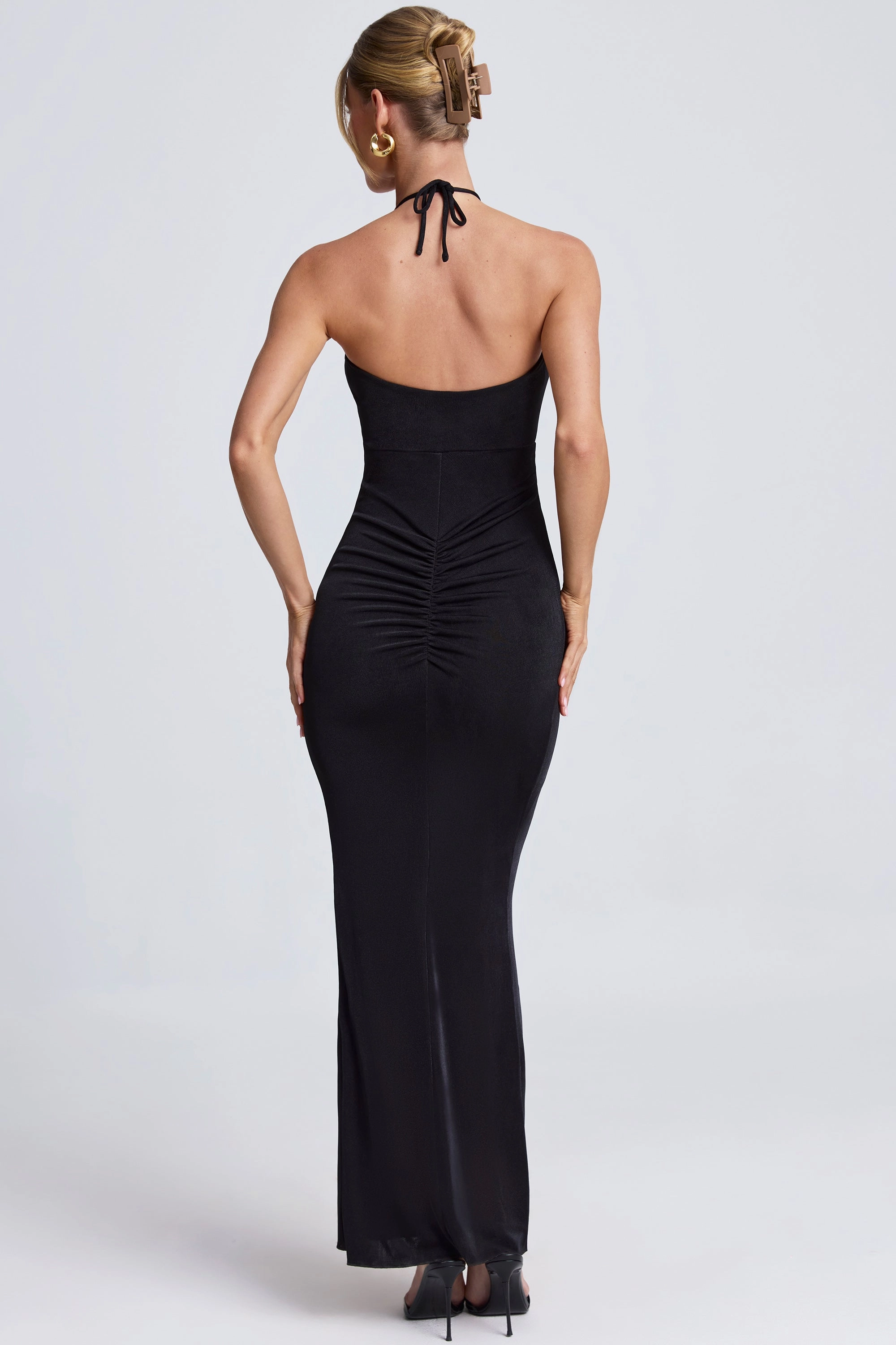 Hardware Detail Cut-Out Halterneck Maxi Dress in Black