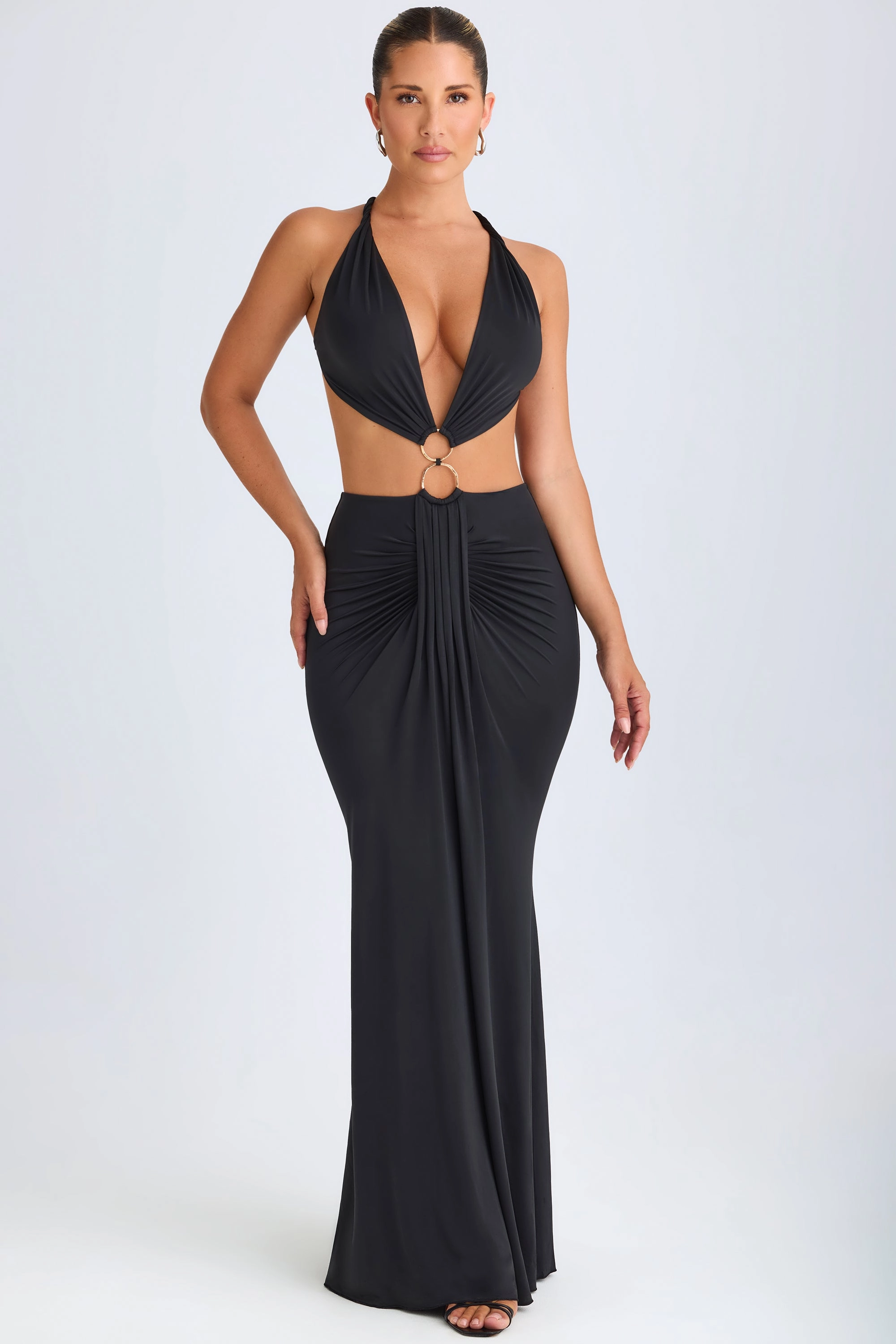 Hardware Detail Cut-Out Halterneck Maxi Dress in Black Dresses - dresses on sale