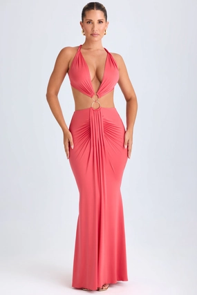 Hardware Detail Cut-Out Halterneck Maxi Dress in Coral Dresses - cocktail dresses sale