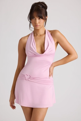 Heart Detail Cowl Neck Mini Dress in Soft Pink Dresses best price