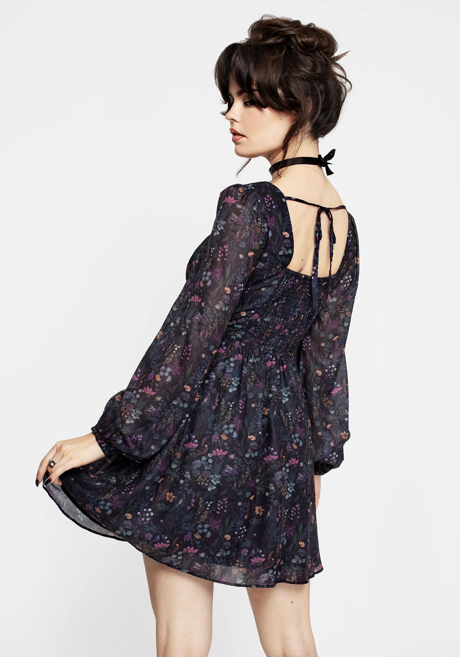 Heliotrope Floral Print Chiffon Mini Dress