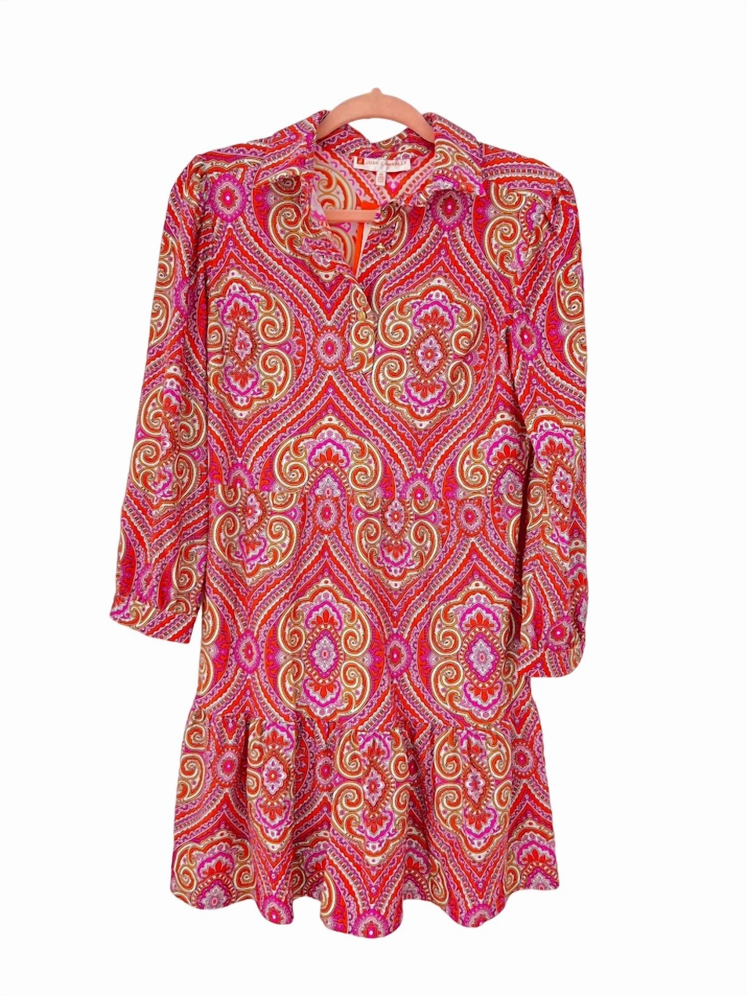 Henley Dress In Paisley Medallion Hot Pink