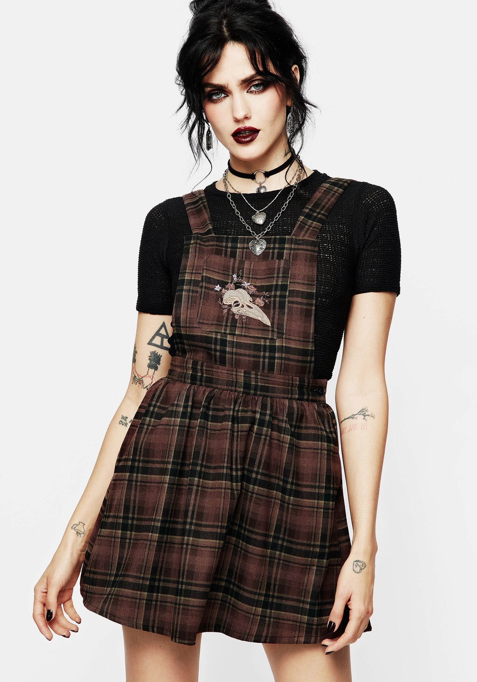 Hickory Embroidered Check Mini Pinafore Dress Dresses Womens - women's dresses clearance