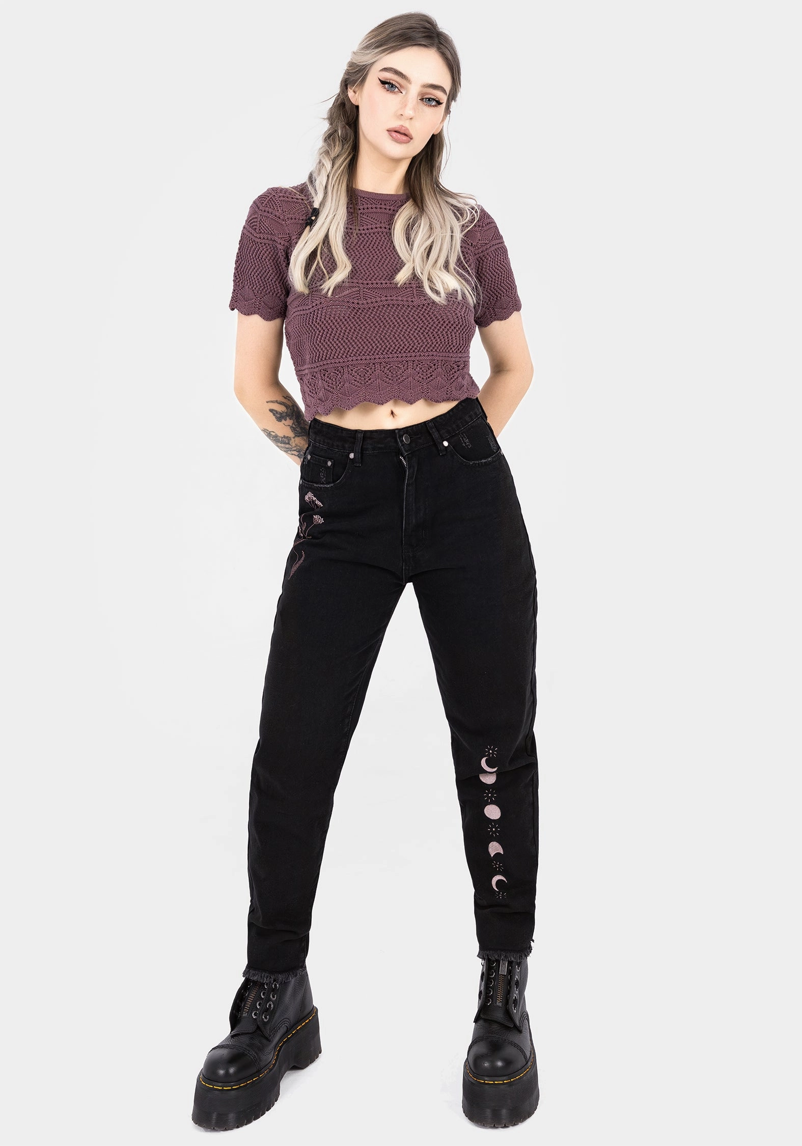 Hooked Pointelle Short Sleeve Crop Top - Purple